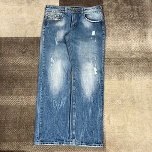 Yaso Brand Mens Straight Leg Denim Jeans Blue Wash Distressed Style 36X33